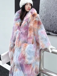 Female New Fashion Colorful Faux Fur Coat Lady Long Loose Colored Hooded Shaggy Outerwear Women's Winter Coats Promotion