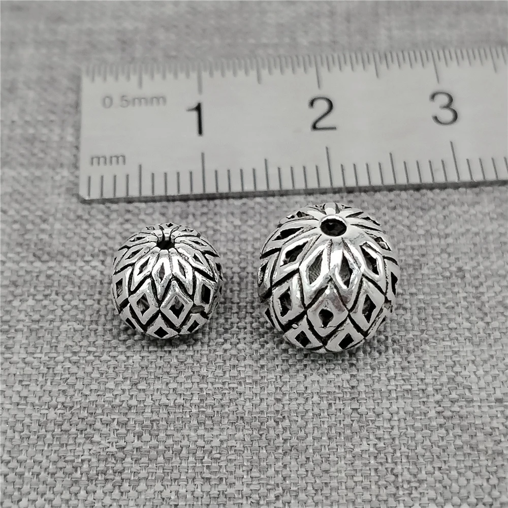 4pcs of 925 Sterling Silver Hollow Checkered Round Beads for Bracelet Necklace 8mm 10mm