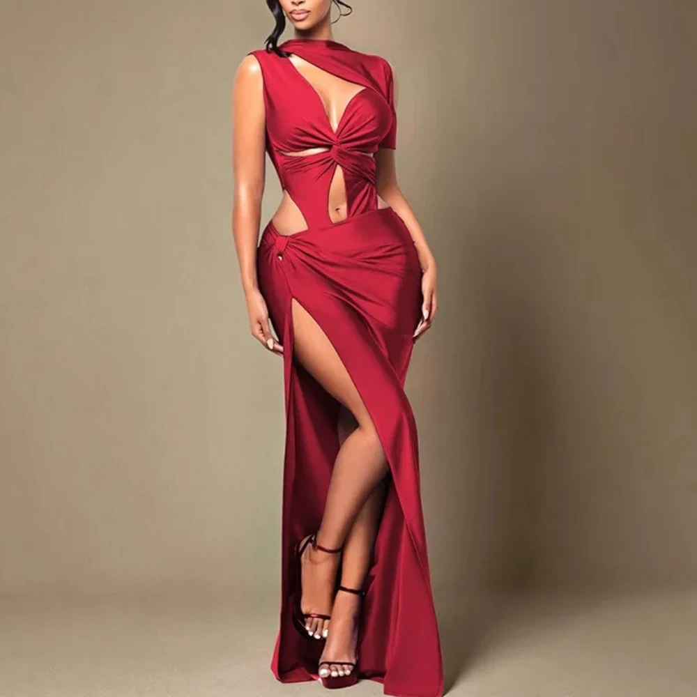 Women Solid Twist Hollow Out Patchwork High Split Bodycon Maxi Dress O Neck Sleeveless Off Shoulder Party Long Robe Evening Gown