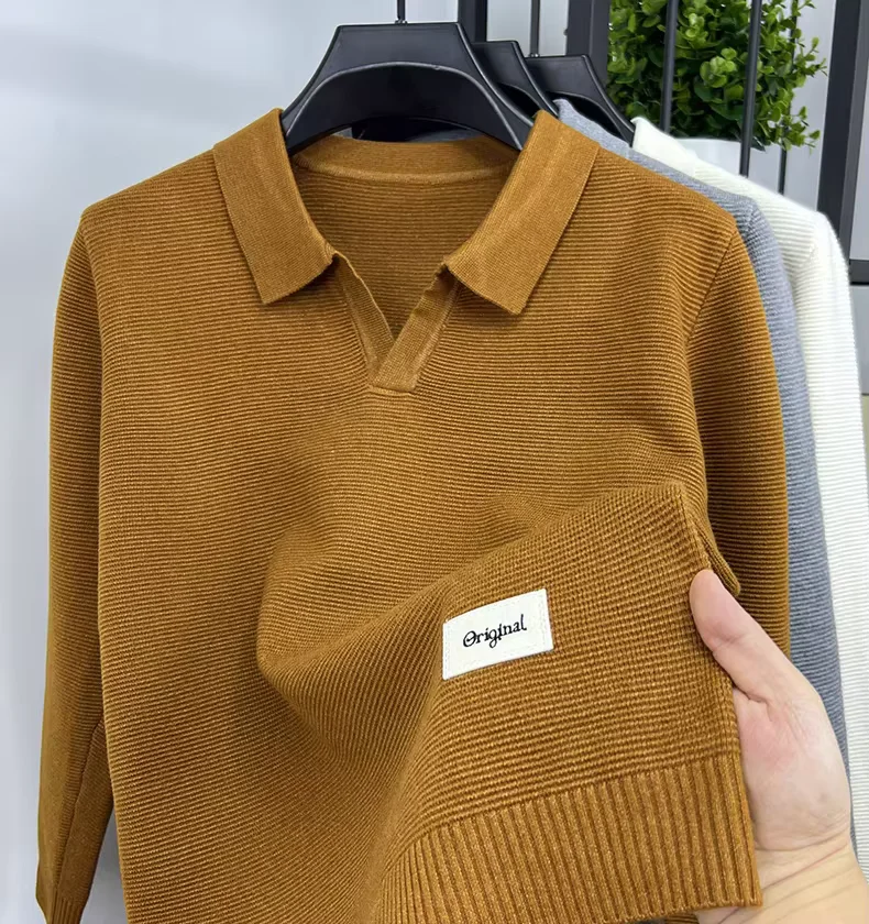 High quality brand knitted long sleeve T-shirt men's lapel fashion sweater autumn new personalized buttonless design  pullover