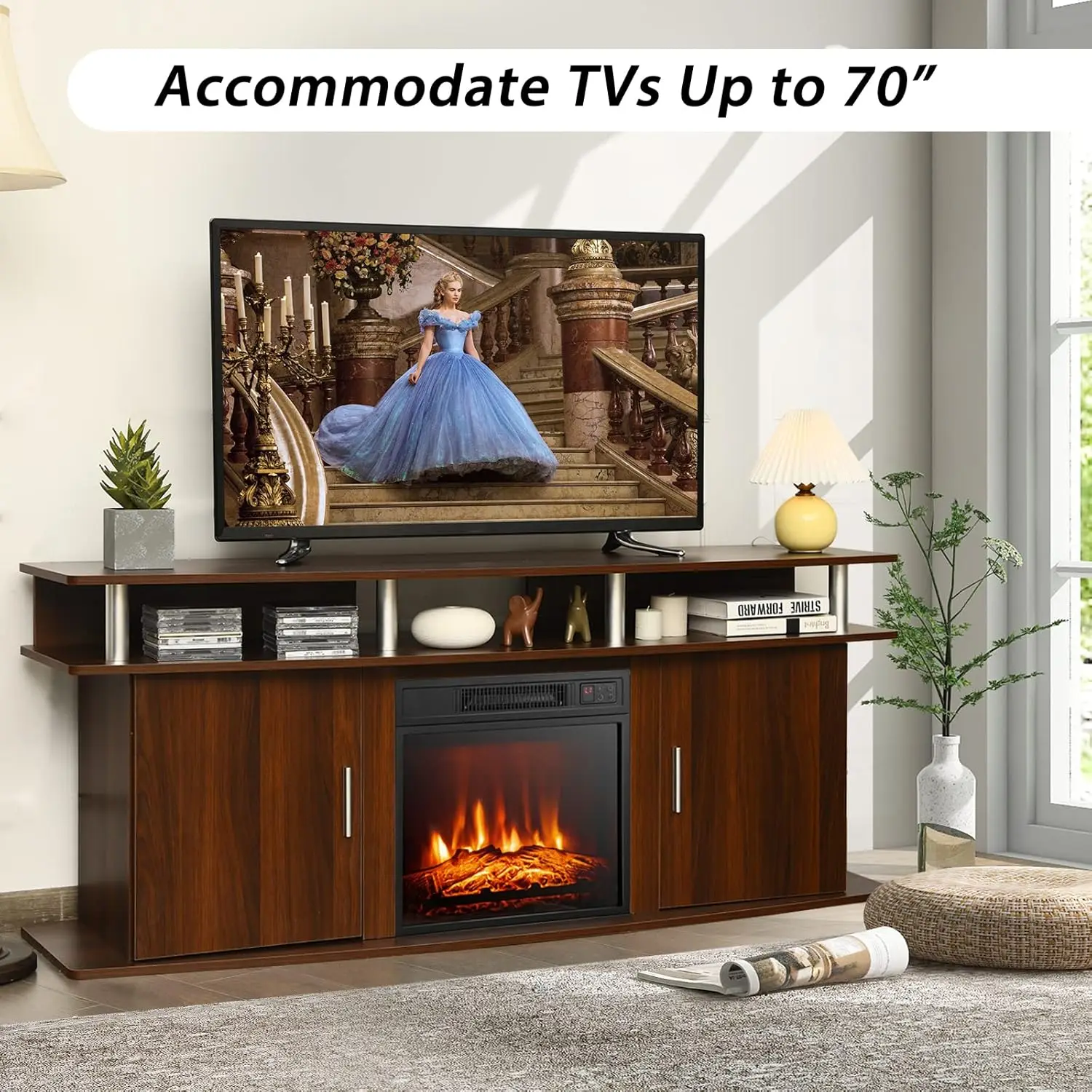 Fireplace TV Stand for TVs Up To 70 Inches with 18 Inches Electric Fireplace with Built-in Thermostat 6H Timer Cherry