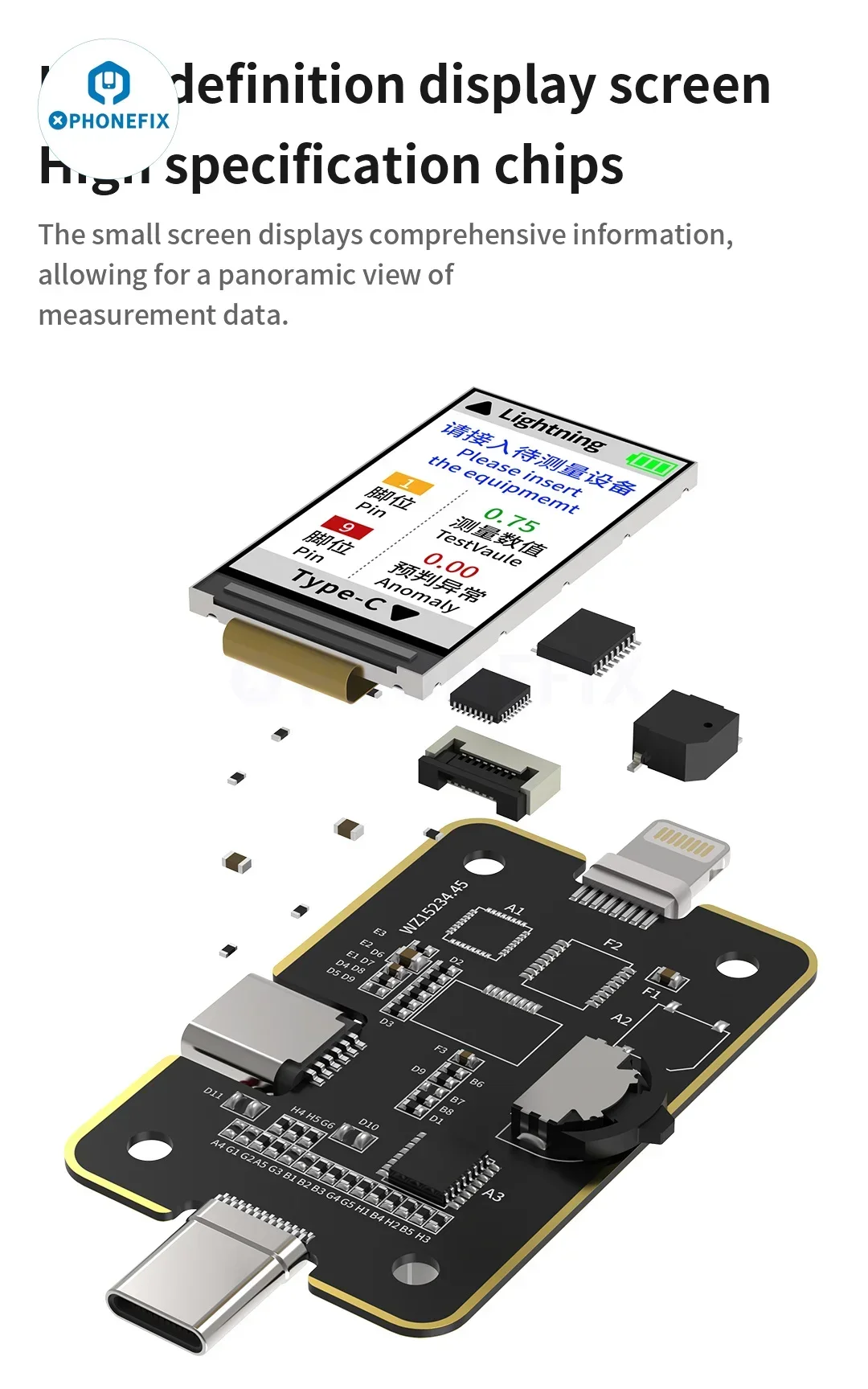 Imagem -05 - Mecânico Tipo-c Relâmpago Carregamento Detector Port Cauda Inserção Tester para Iphone Dados do Telefone Móvel Detectando Testes T824 se