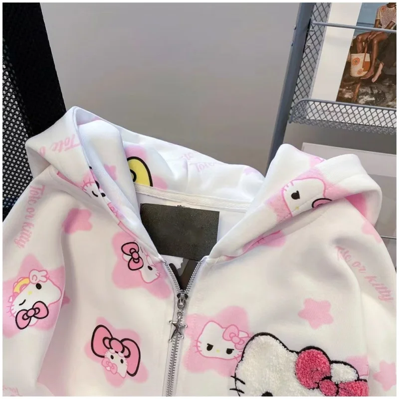 Anime Sanrio Hello Kitty Hooded Cardigan Jacket Kawaii Girl Autumn Vintage Coat Comfortable Cute Cartoon Women Hoodbirthday Gift