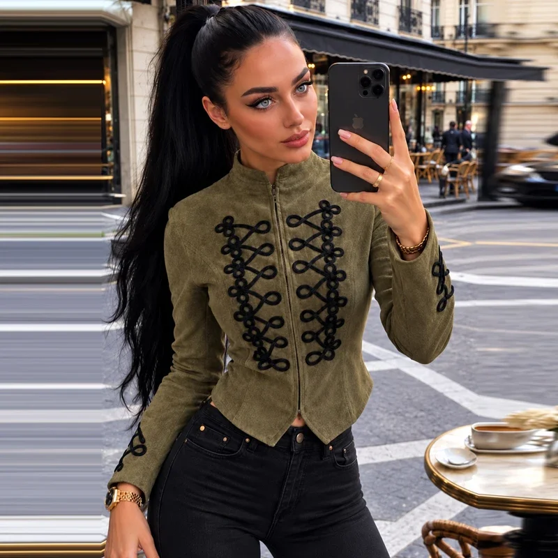 Suede Cropped Faux Jacket Women's Jacket Autumn 2026 Fashion Frog Knot Slim O-Neck Long Sleeve Coat Streetwear Outerwears