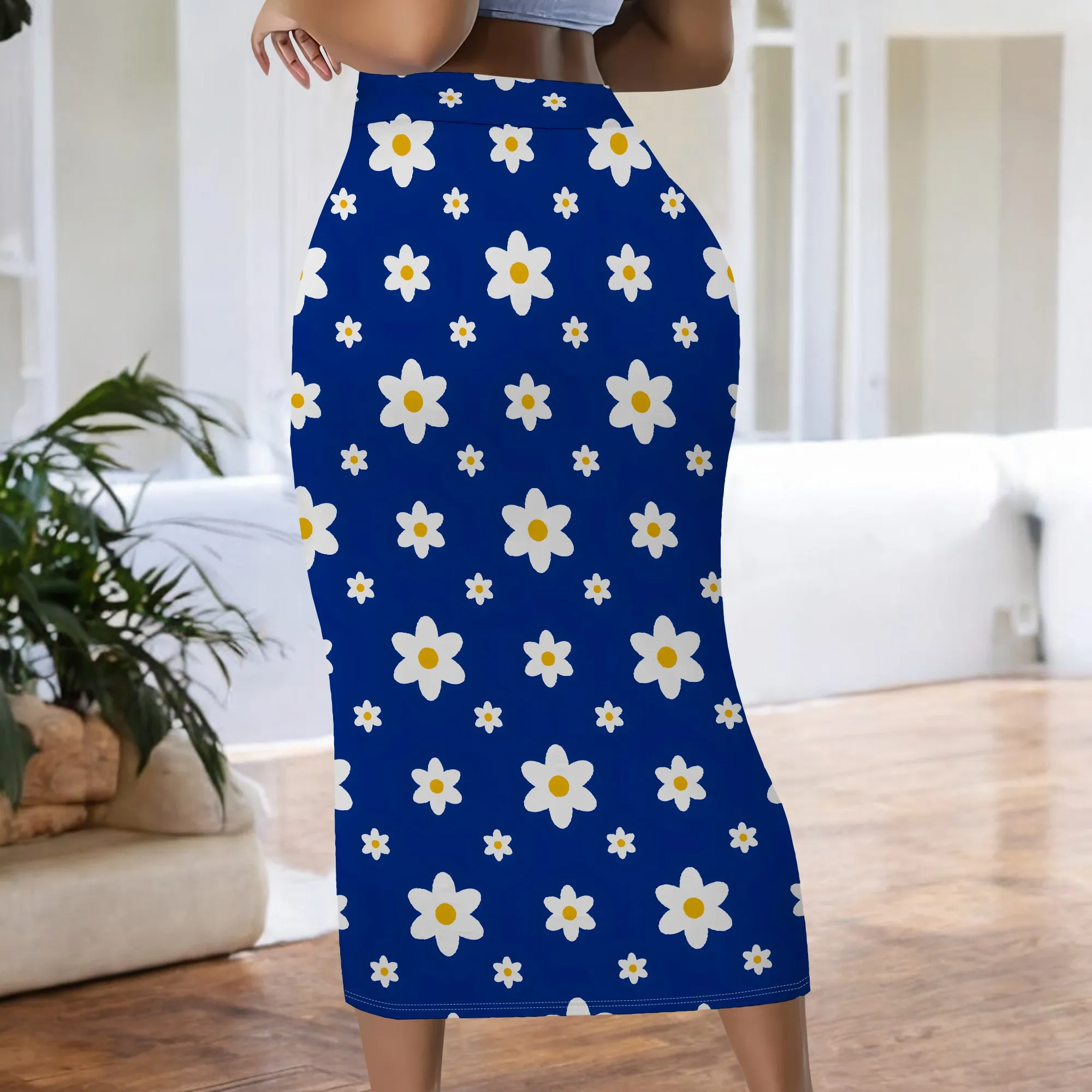 Gänseblümchen-Print, Rock, Blumenmuster, Midi-Länge, Dehnbarer Stoff, Freizeitkleidung, Büro-Outfit, S-2XL – Detail 6