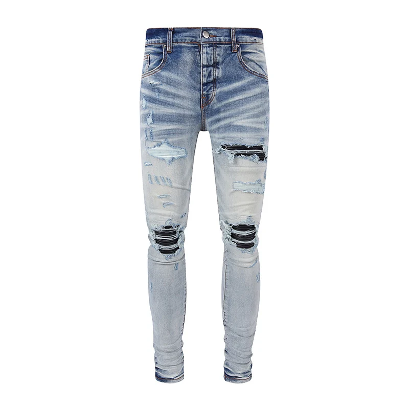 y2knew light blue jeans washed with retro distressed black leather patch elastic slim fit jeans high street hip-hop bra