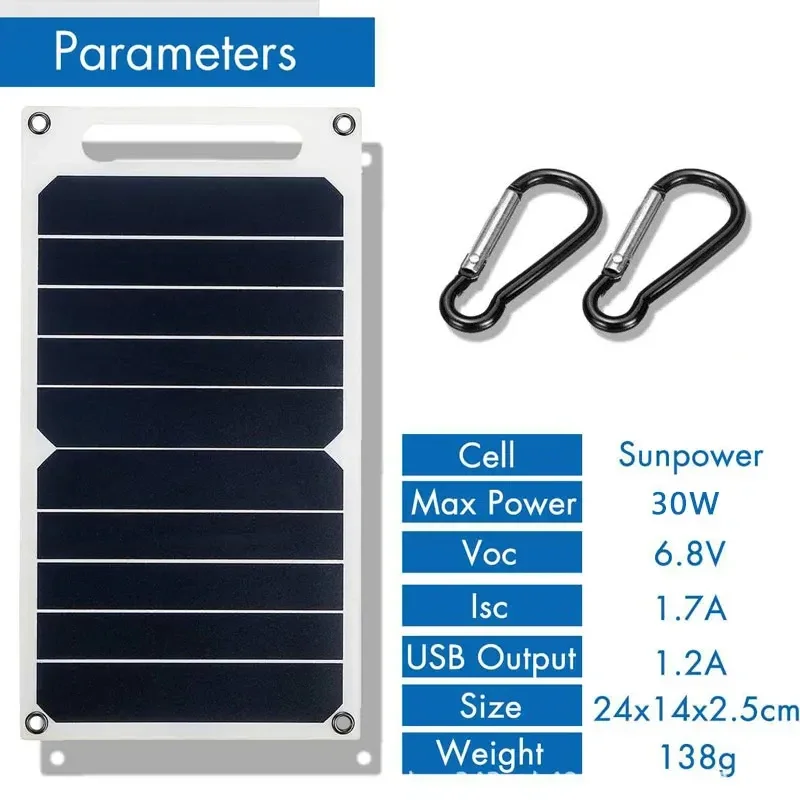 30W Solar Panel With USB Waterproof Outdoor Hiking And Camping Portable Battery Mobile Phone Charging Bank Charging Panels 6.8V