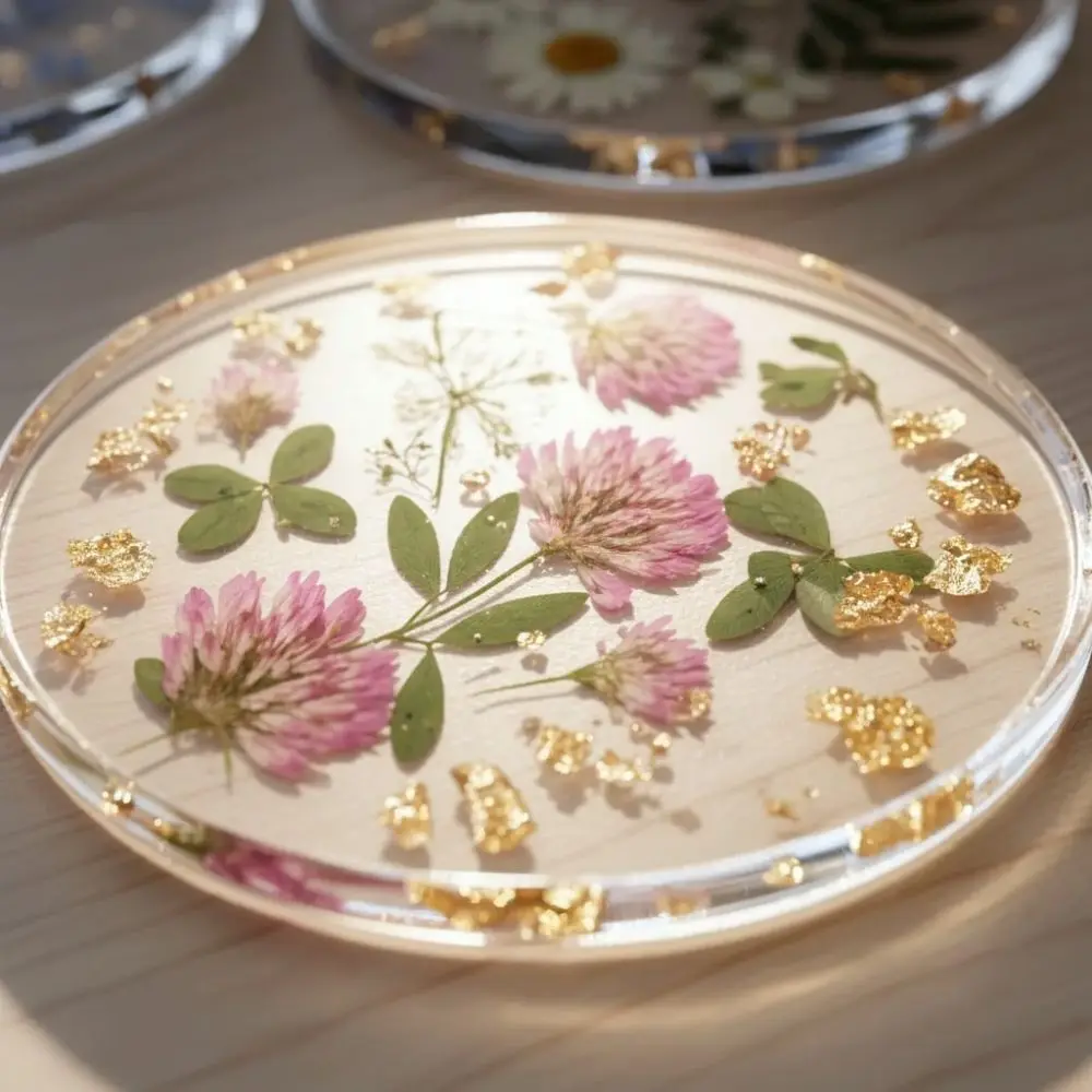 Botanical Acrylic Coaster Pressed Floral Style Clear Drink Mat Decorative Modern Placemat For Home Table Decoration