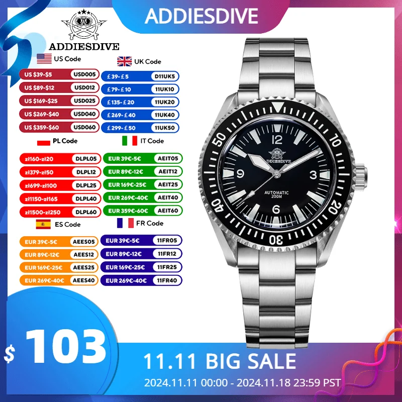 ADDIESDIVE Men’s Watch 20Bar Diving New 40mm Sapphire Glass NH35 Automatic Mechanical BGW9 Luminous Ceramic Bezel Wristwatch