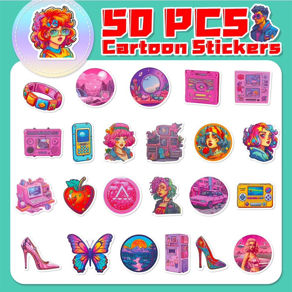 10/30/50pcs Vintage Y2K Pink Girl Graffiti Stickers Cartoon Aesthetic Decals Laptop Suitcase Phone Decoration Sticker Kids Toy