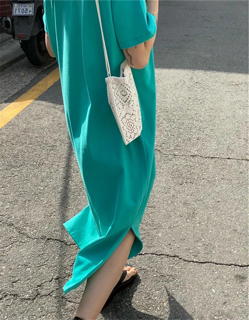 

Платье миди в корейском стиле для повседневной носки, женское простое платье с коротким рукавом до колен, летнее платье из смесового хлопка и полиэстера