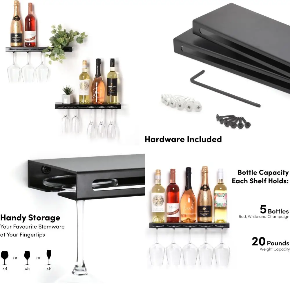 

Металлическая настенная полка с винной полкой, вмещает 5 бутылок и 4-6 стаканов.