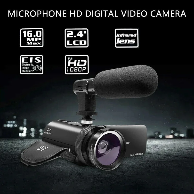 New 2026 Full HD 1080P Digital Video Camera Camcorder with External Microphone Wide Angle Lens Vlog Recorder