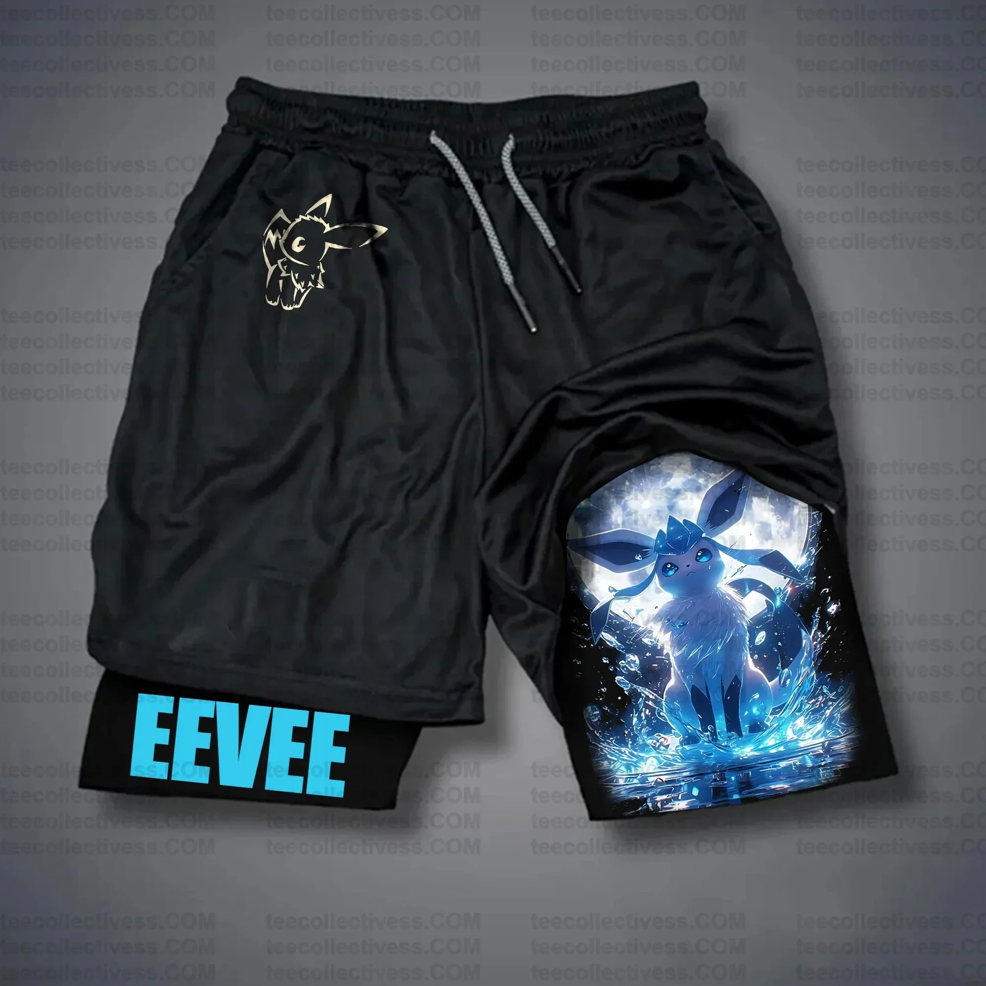 pokemon-eevee-shorts-masculino-algodao-calcas-casuais-2025-verao-anime-grafico-bottoms-base-preta-ouro-eevee-logotipo-azul-eevee-texto-agua