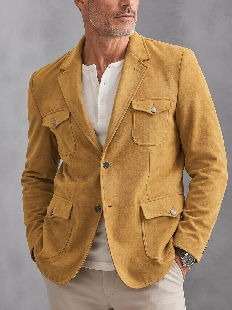 Men's Faux Suede Safari Blazer Notched Lapel Multi‑Flap Pockets Single Breasted Slim Fit Casual Business Coat For Work Outdoor
