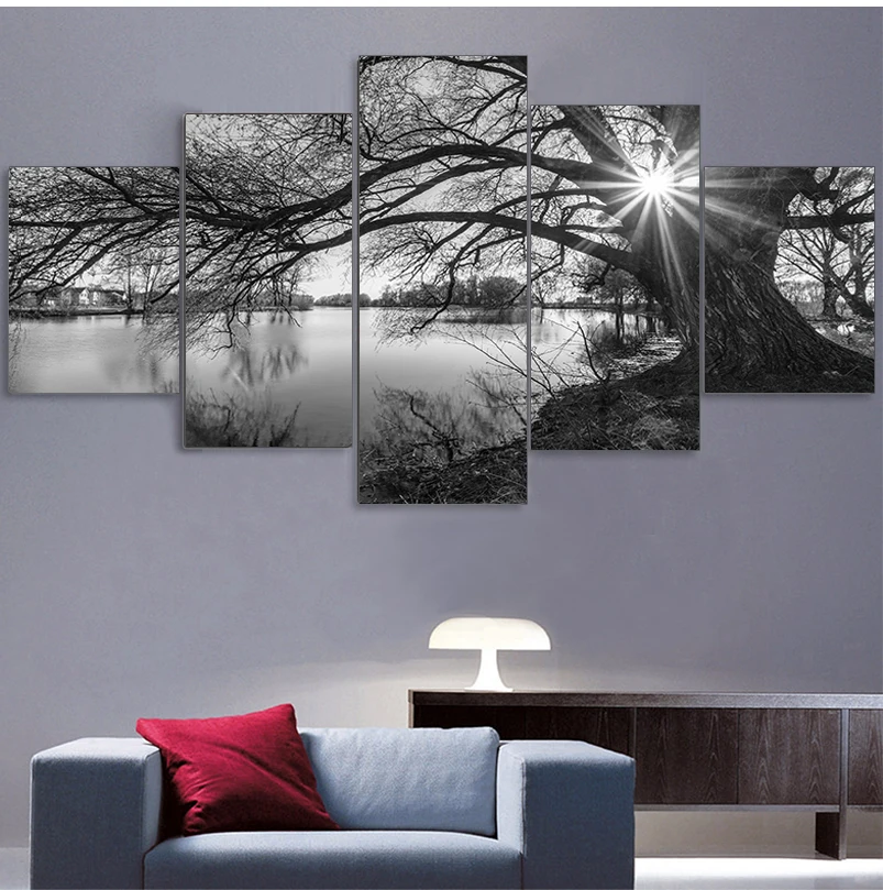ArtSailing HD printed black white painting tree river canvas wall art 5 piece for living room decor posters