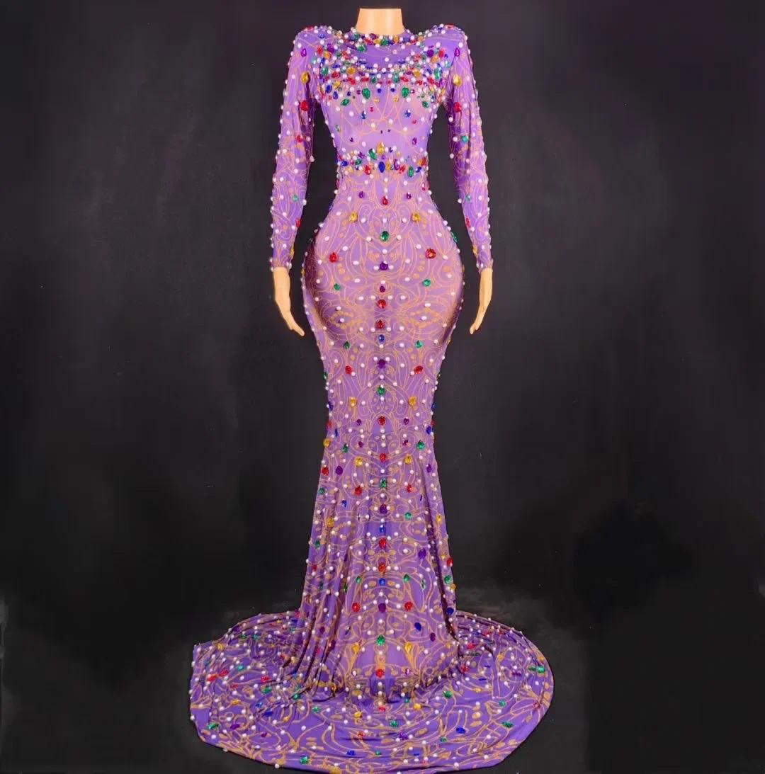 

Bar Nightclub Birthday Party Dress Sparkling Stage Performance Costumes Women Luxury Sexy Colorful Diamonds Maxi Long Dress