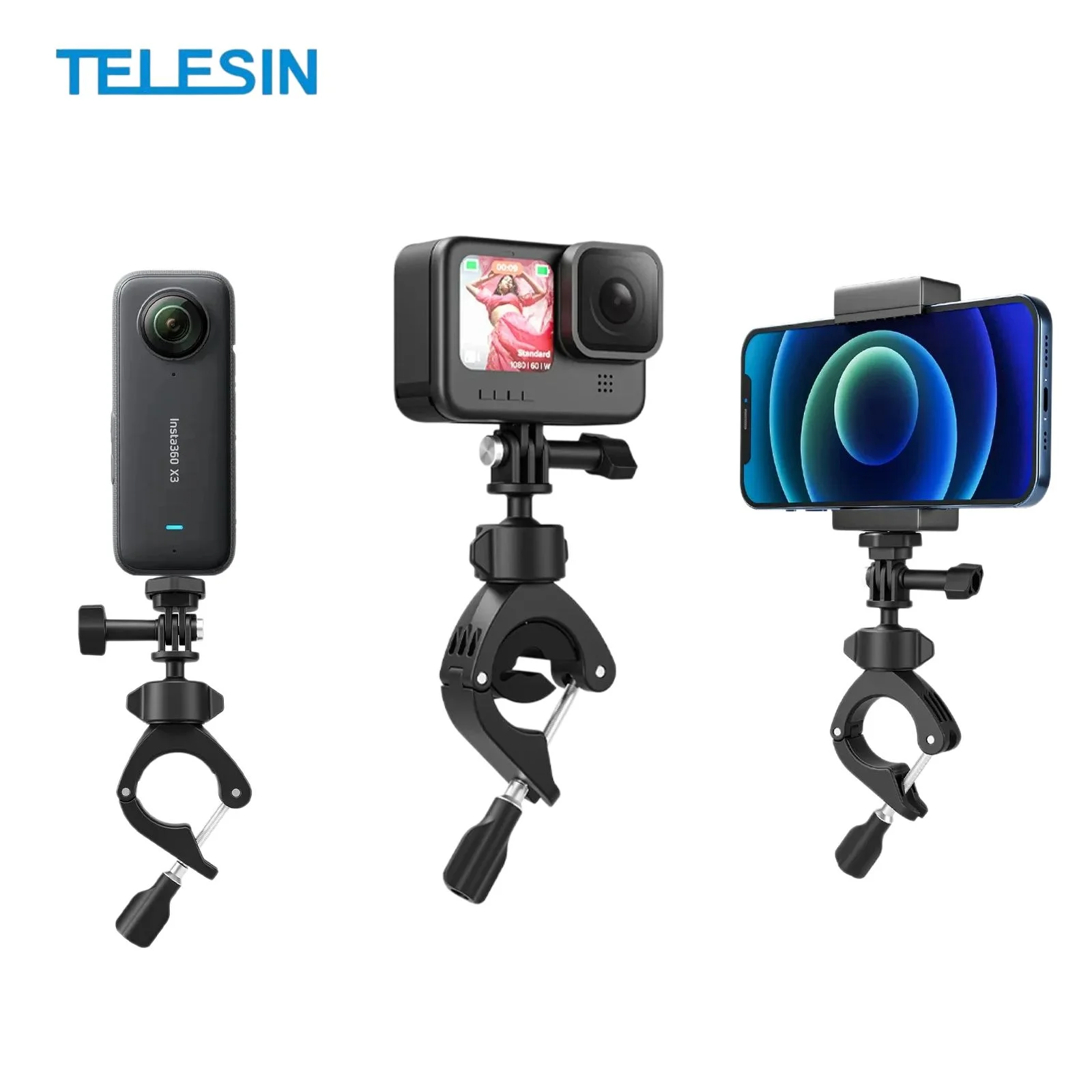 TELESIN Cycling Motorcycle Clip 360° Clamp for GoPro Hero 13 12 11 10 9 DJI OSMO Action 4 3 Insta360 Action Camera Accessories