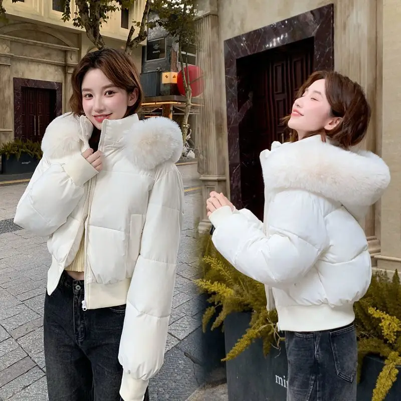 Hooded large fur collar down jacket for women 2026 winter thickened new warm short bread jacket with piece of cotton padded