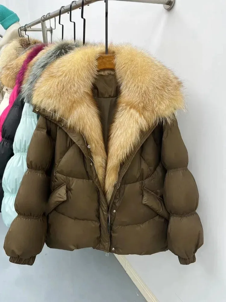 2025 신상 겨울 캐주얼 두꺼운 따뜻한 패딩 코트 파카 진짜 큰 천연 여우털 칼라 오리털 재킷 여성용