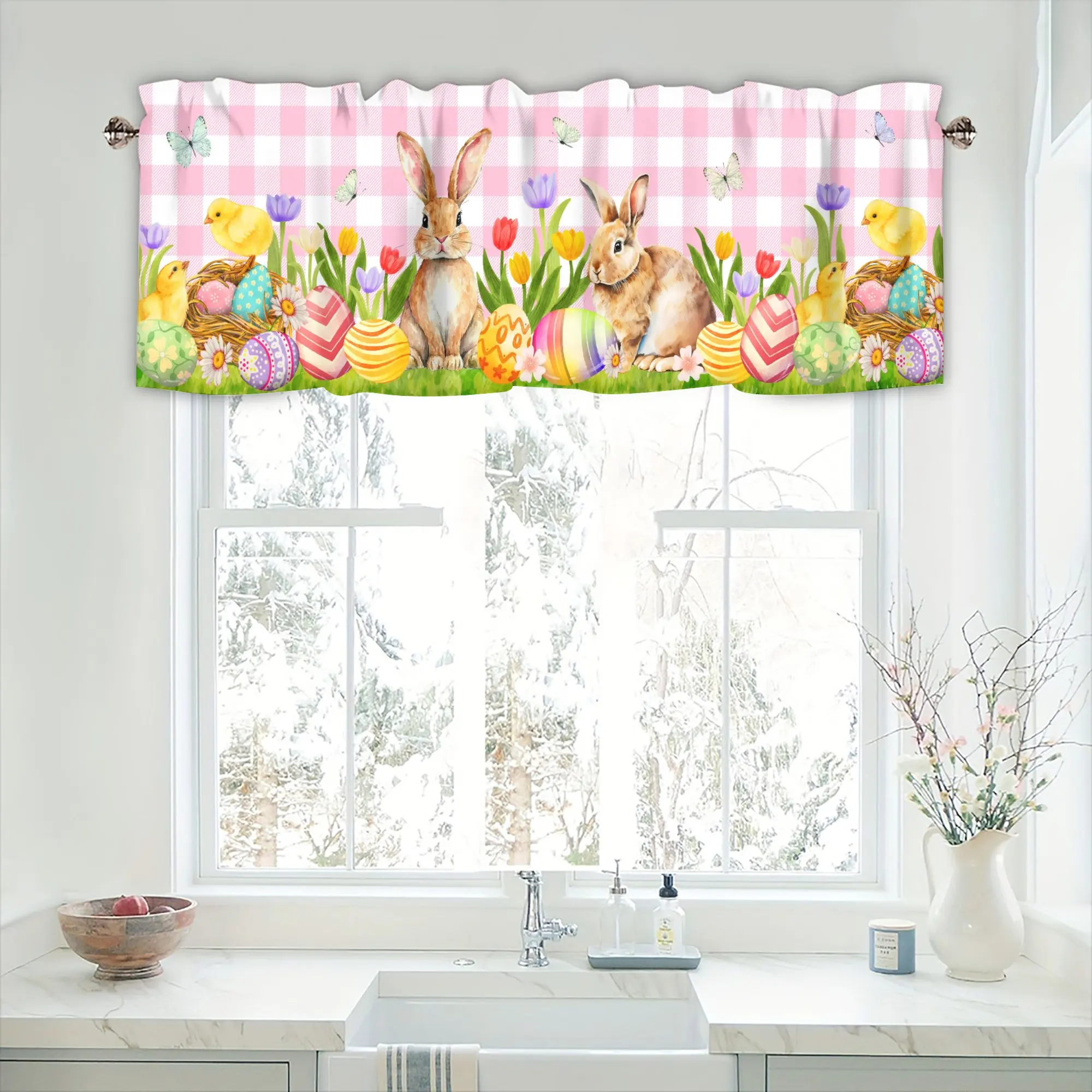 2 Piece Easter Bunny Valance Curtain for Window, Rabbits Eggs Grass Kitchen Valances Tulip Butterfly Pink Buffalo Short Curtain