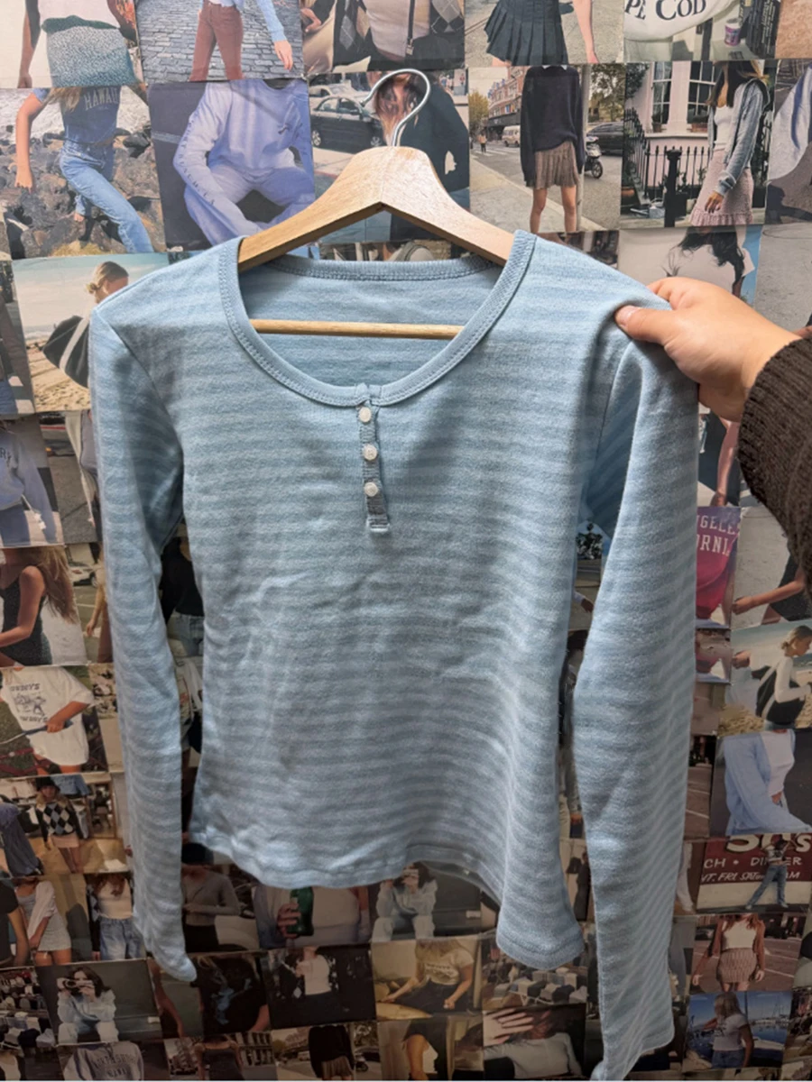 Vintage Gestreepte Slanke T-shirts Met Lange Mouwen Herfst Casual Ronde Hals Streetwear Katoen Tees Vrouwen Klassieke Harajuku Knop Tops Y2k