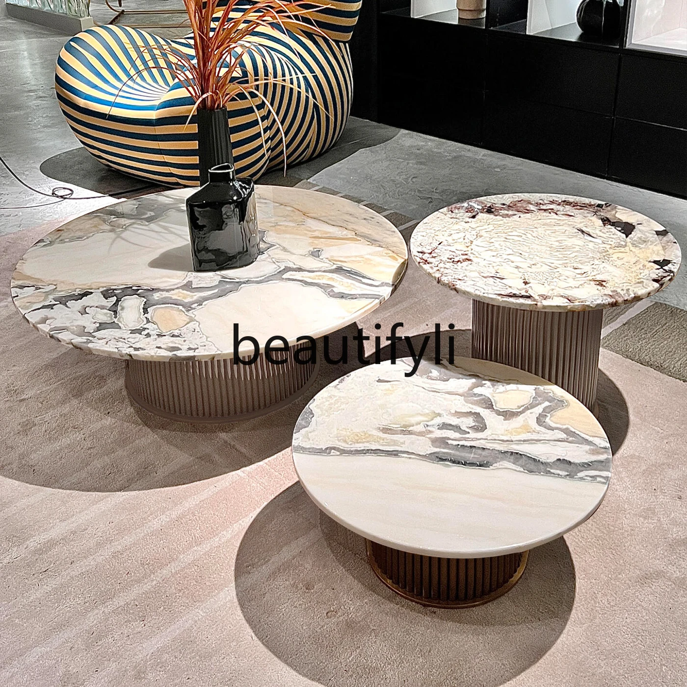 

Natural, luxury stone modern simple living room, round coffee table size combination high and low