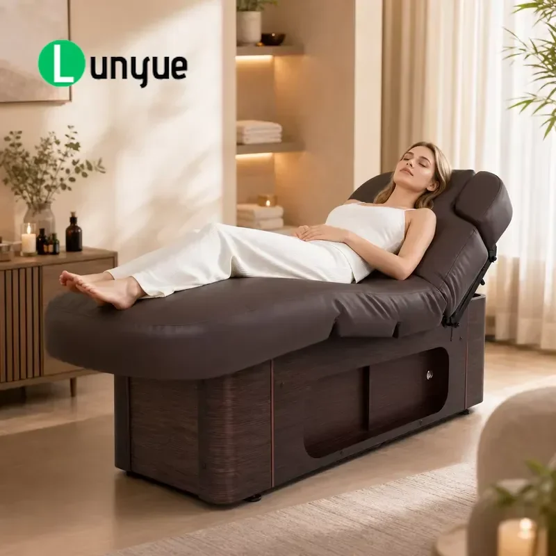 4 Motor Electric Massage Bed Wooden Base with Storage Drawers Built-in Heating Pad Comfortable Spa Table for Beauty