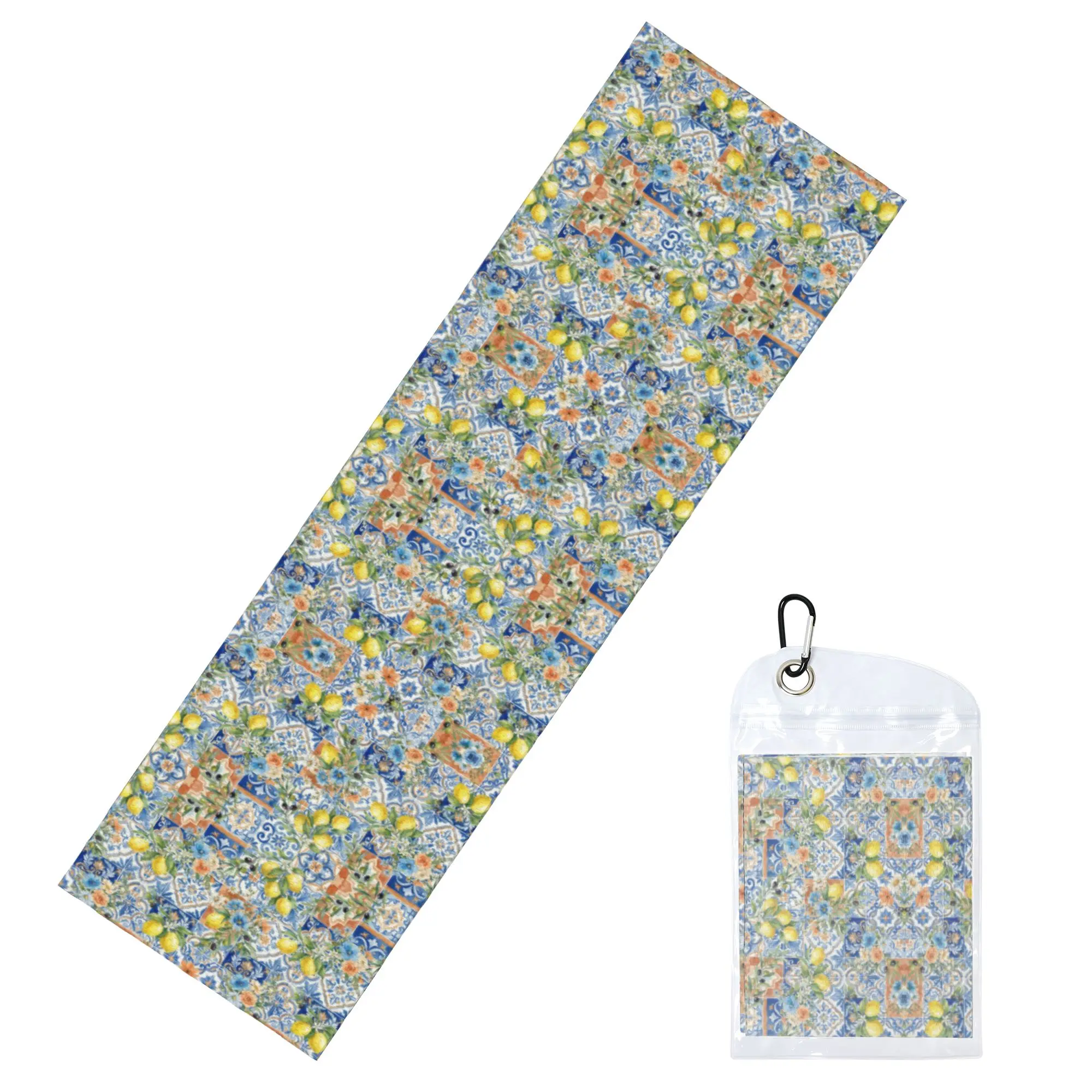 Mediterranean Lemon Sicilian Tile Blue Floral Citrus Watercolor Cold Exercise Towel Fitness Running Activities Travelling Towels