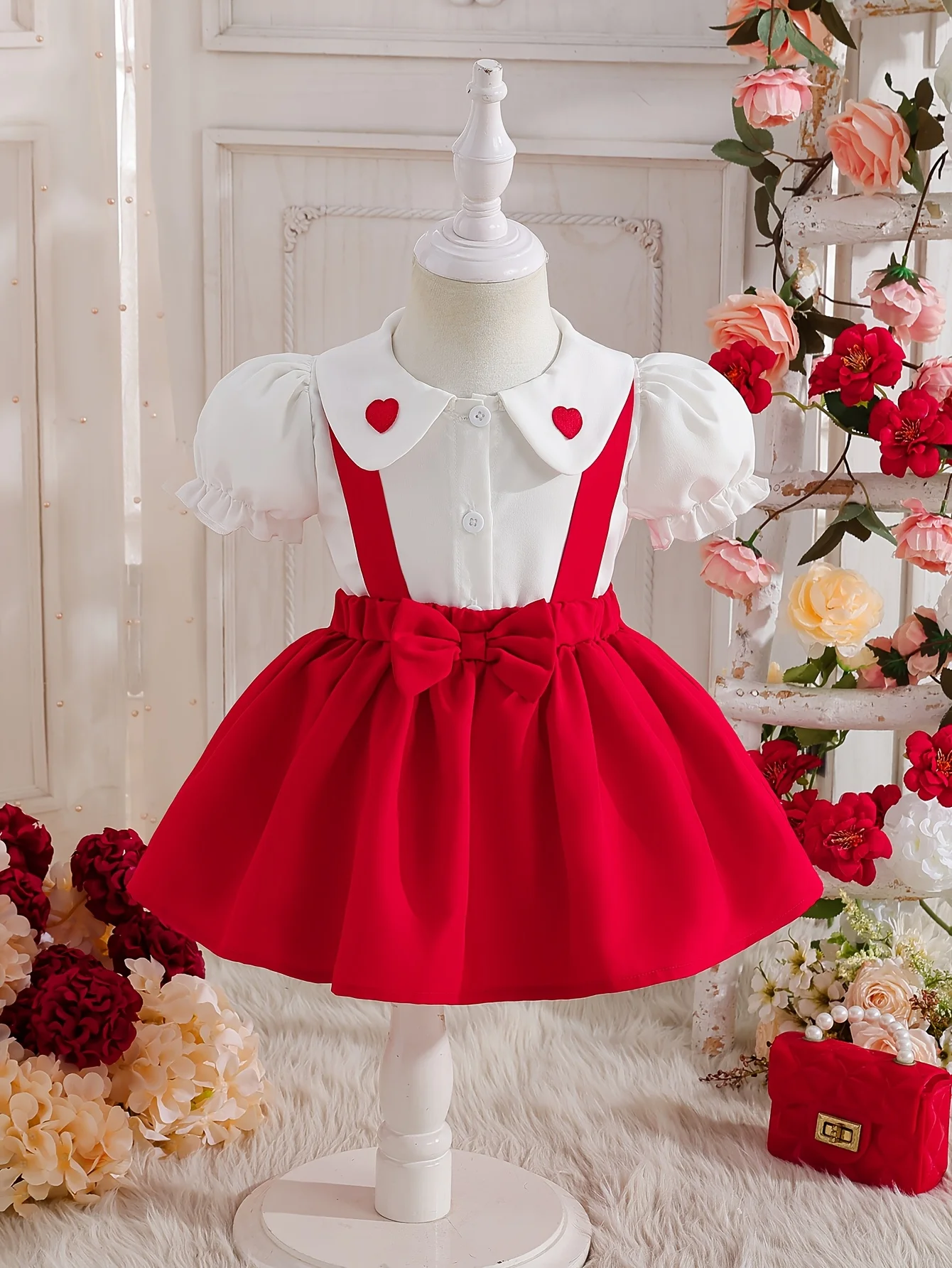 

Girls' Summer Set: Red Bow Bib Skirt + Heart-Neck Puff Sleeve Top | Valentine's Day / Birthday Gift