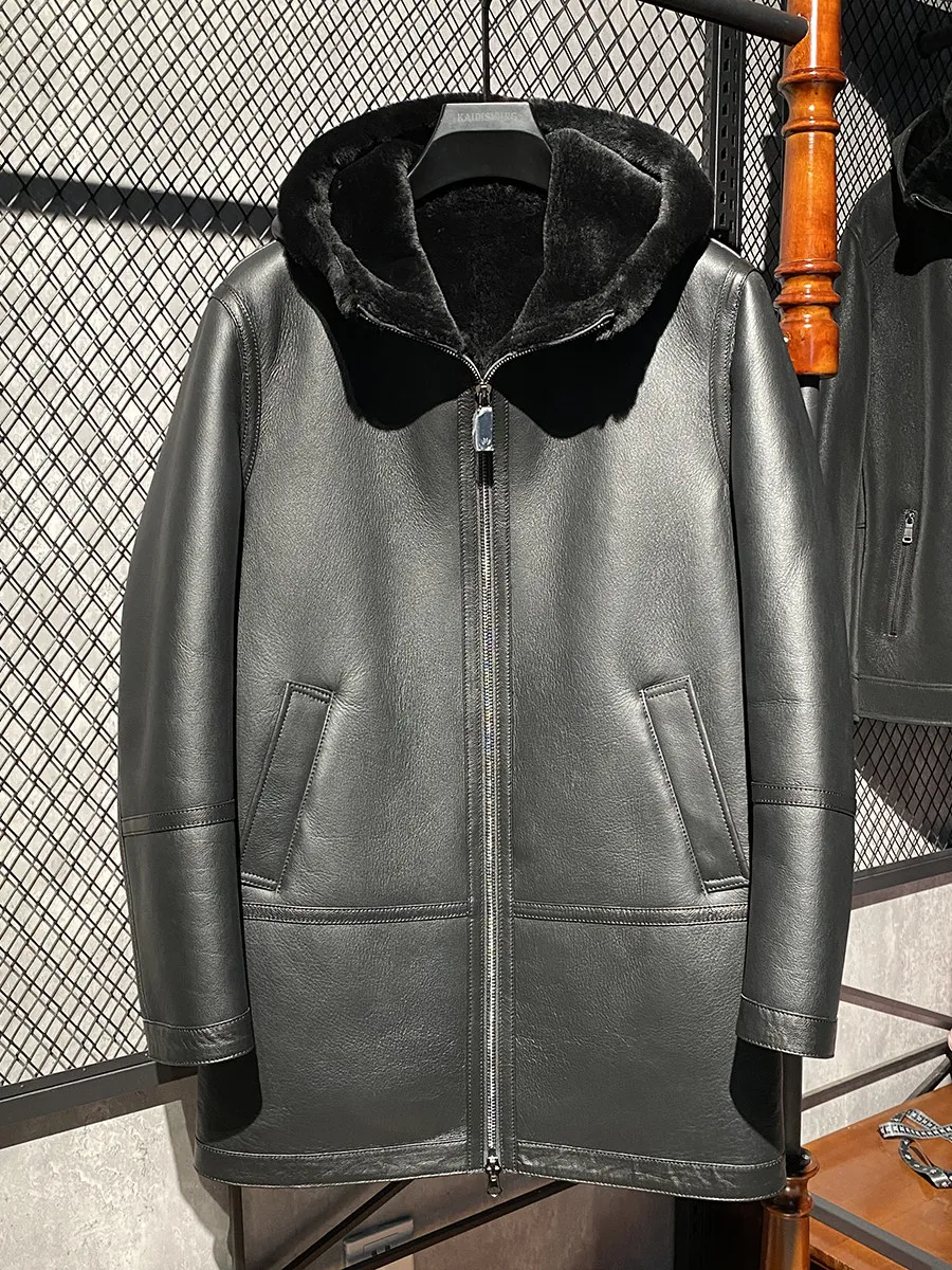 AYUNSUE 100% Genuine Sheep Shearling Jacket Men Warm Hooded Winter Natural Sheepskin Fur Integrated Coat Mid-long Autumn Winter