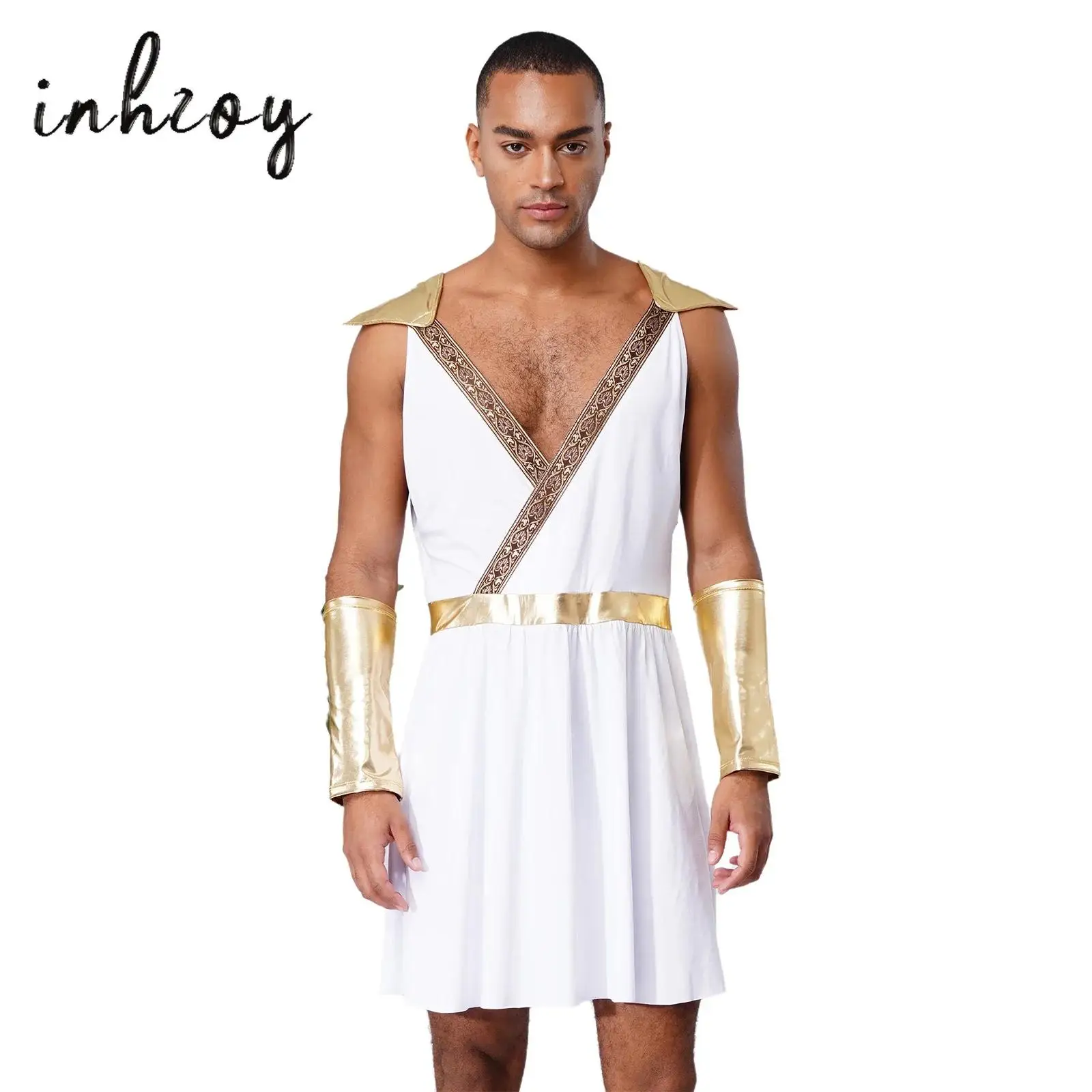 

Men Greek Costume 2Pcs V-Neck Sleeveless Contrast Color Patchwork Robe+Cuffs for Halloween Cosplay Theme Party Fancy Dress Ball