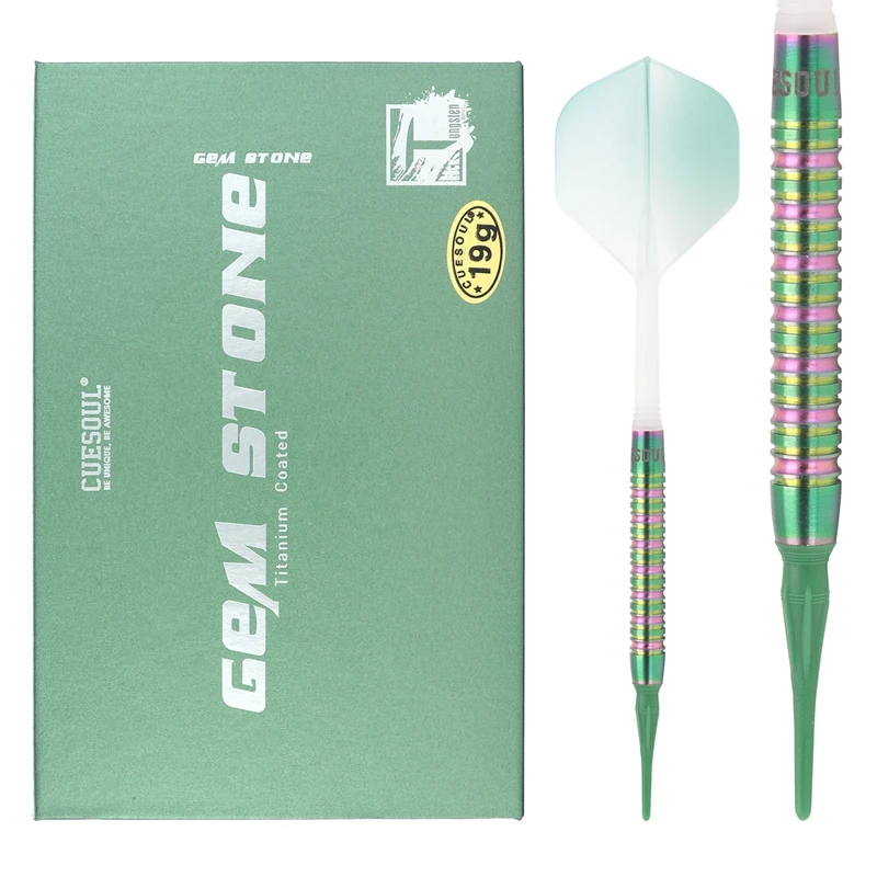 CUESOUL Green GEM Stone 19g Soft Tip 90% Tungsten Darts with Uniformity Titanium Coated and ROST Flights Gradient Color