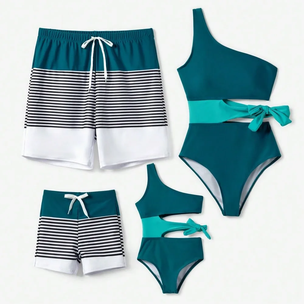 

Цельный купальник с вырезом на одно плечо и полосатые плавки