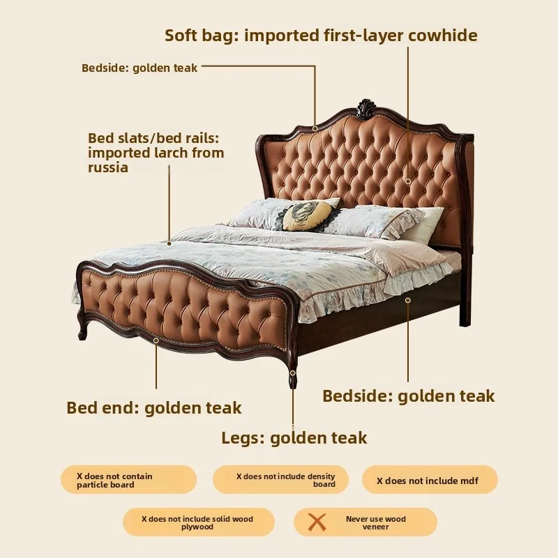 American leather solid wood bed, all solid wood silk teak soft against the first layer of oil wax leather 1.8m large bed
