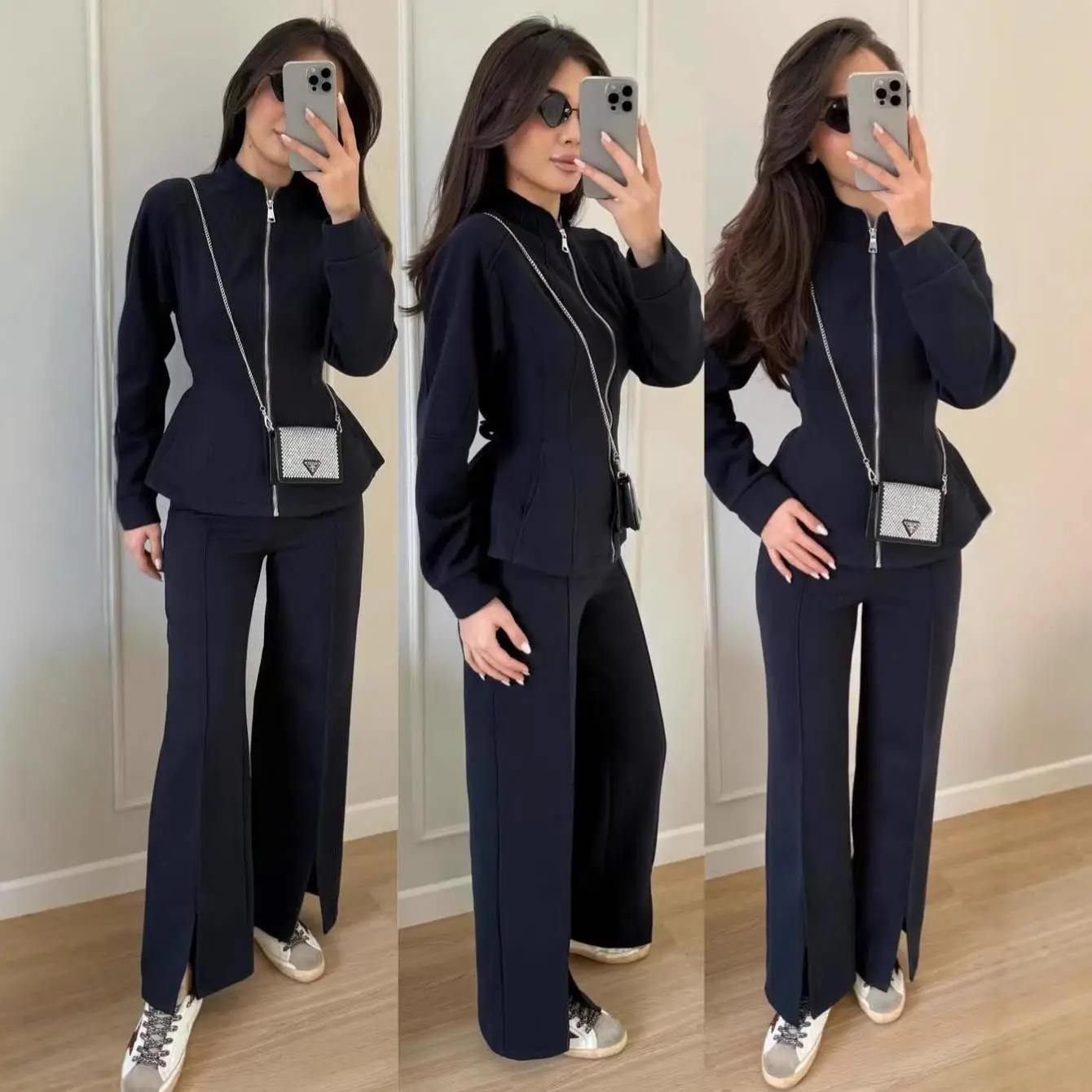 Sexy Casual Zipper Long Sleeve Stand Collar Waist Cinching Trendy Pants Women's Fashion Cross-Border Leisure Trousers