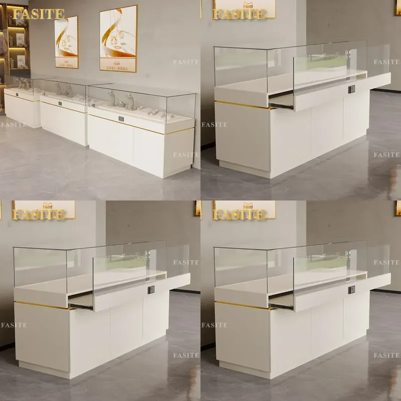 For Shopping Mall Exhibition Hall Museum Glass Display Cabinet Showcase Counter Gold Jewelry Product Model Display Stand