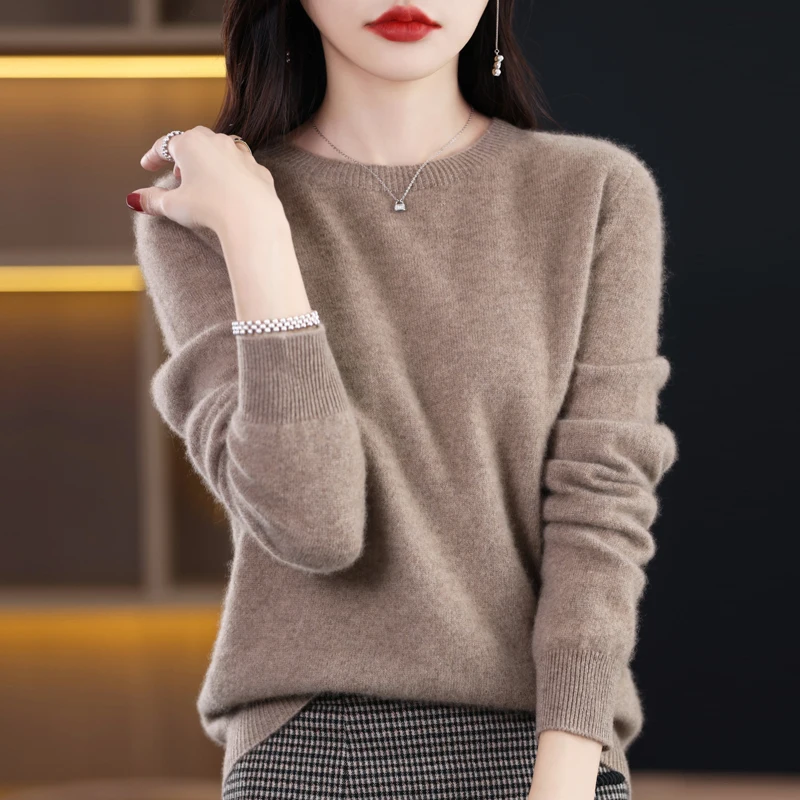 100% Pure Wool Women\'s Sweater O-Neck Knitted Pullover Cashmere Long Sleeve Underlay Korean Fit Fashion Women\'s Top