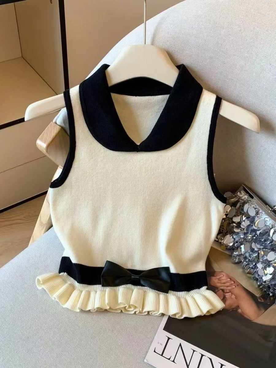 

Sweet Style Knitted Vest Women's Sleeveless Waist-Cinching Knot Doll Collar Summer New Fashion Floral Lace Hem Top