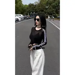 Magliette Patchwork a righe prospettiva filato netto estate nuova manica lunga sottile sottile corto Y2K top abbigliamento donna moda Casual