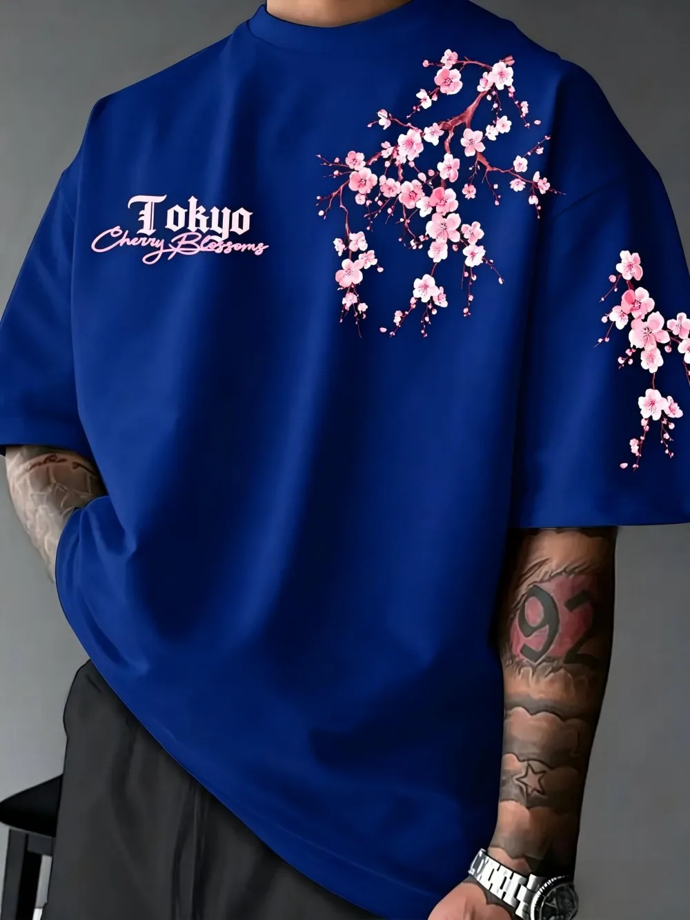 Hot selling men's summer Tokyo cherry blossom letter print soft and breathable round neck T-shirt outdoor street style top