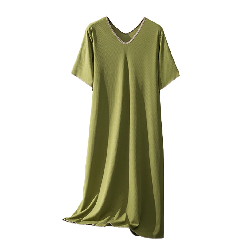 فستان نوم نسائي صيفي قصير الأكمام من المودال، فستان طويل فضفاض برقبة على شكل V، ملابس نوم منزلية من مزيج البوليستر والسباندكس #3