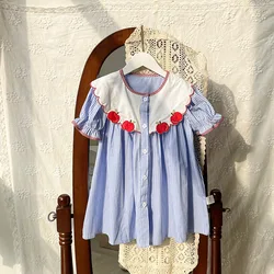 Korean Children Clothing Embroidered Girls Dresses Summer Striped Short Sleeves Kids Shirt Dress 2-7 Year Baby Girl Casual Dress