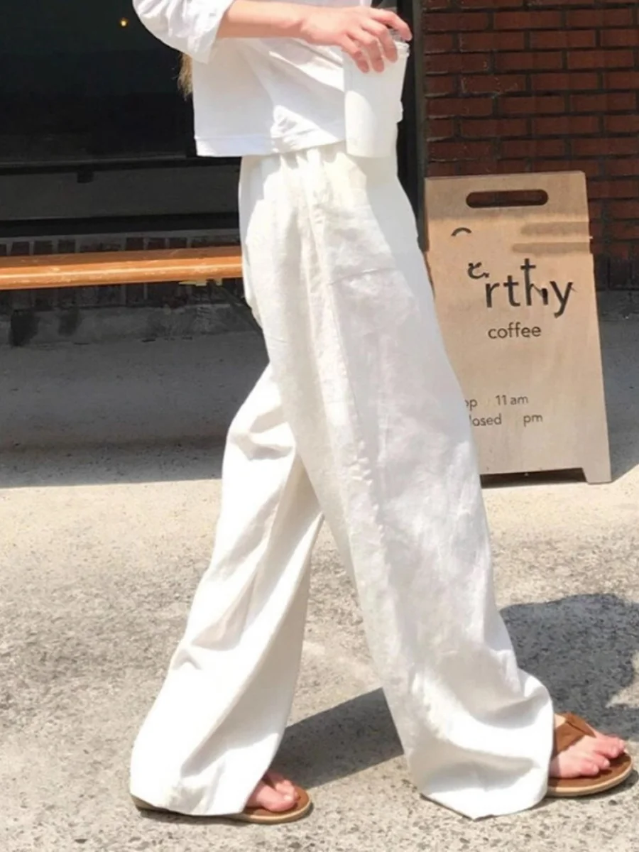 

Emily Clud Recommended White Cotton Linen Wide Leg Pants High Waist Dra Floor Length Women's Trousers Summer plus Size