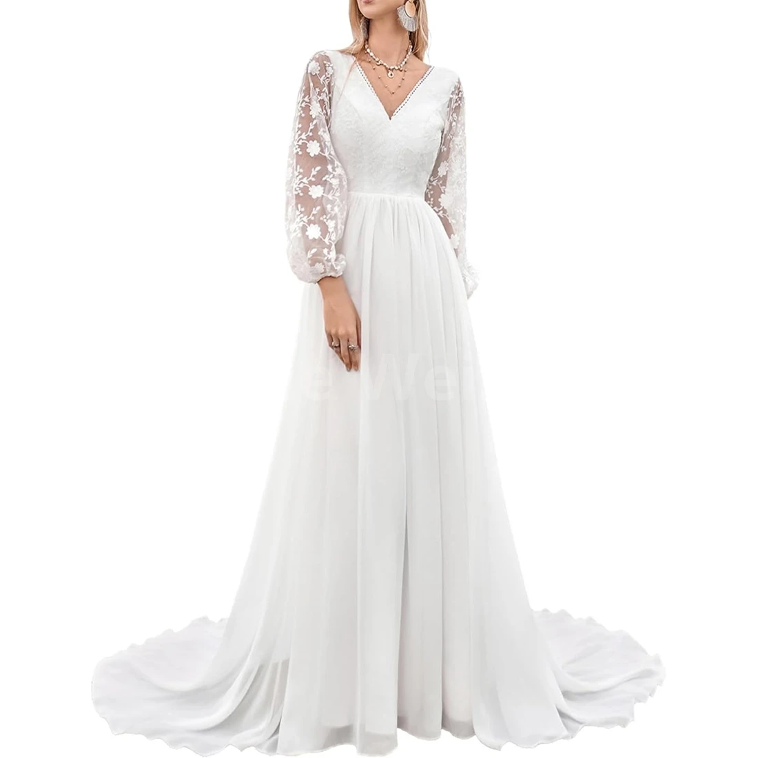 

Elegant V-Neck A-Line Chiffon Wedding Dress With Long Sleeves Brush Train for Bride Customized