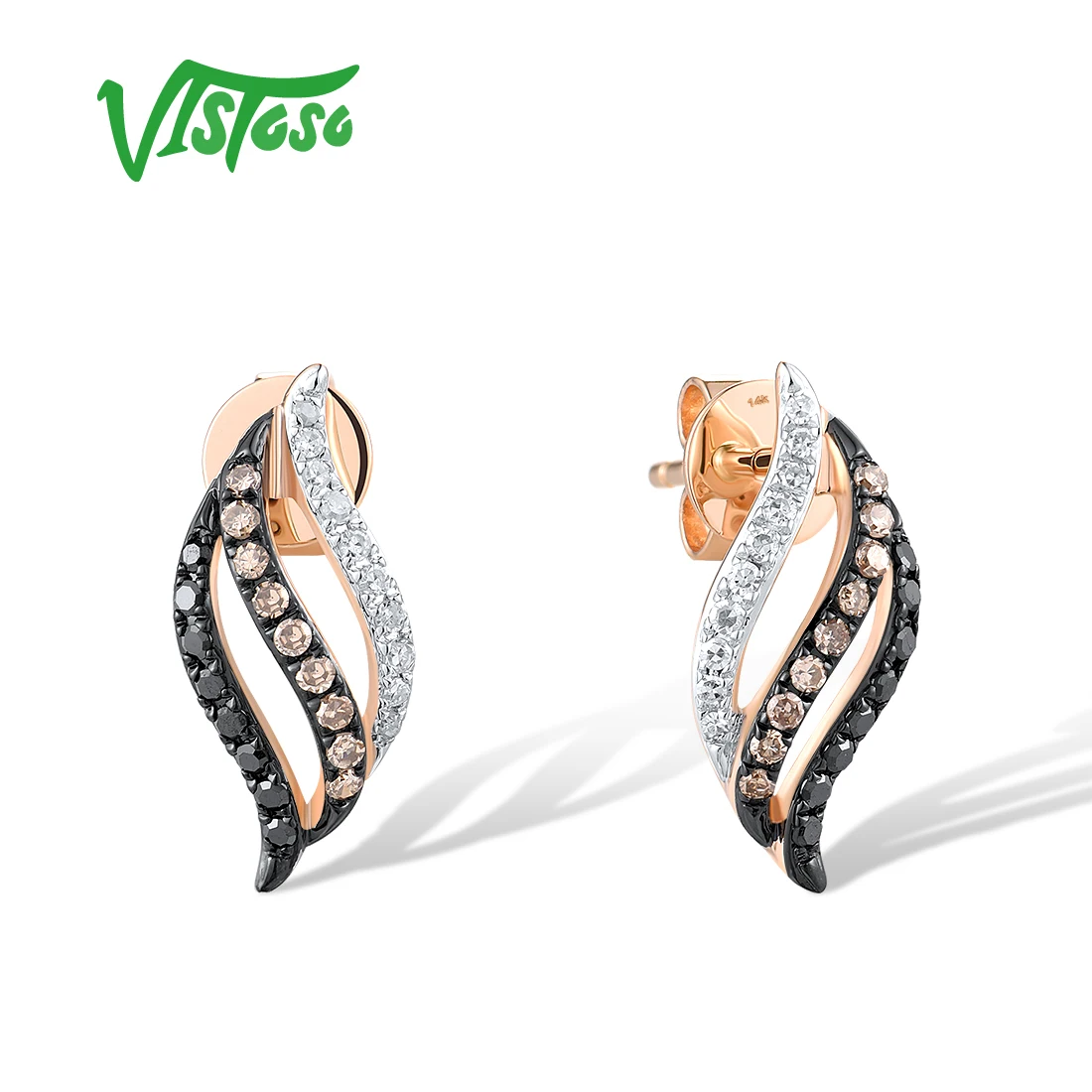 

VISTOSO Authentic 14K 585 Rose Gold Earrings For Women Sparkling White Black Diamonds Anniversary Glamorous Gifts Fine Jewelry