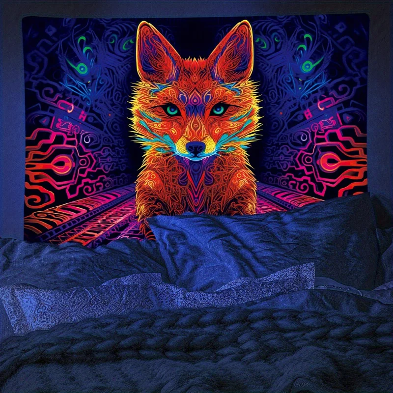 VIKAMA Fox Wandteppich, psychedelisches Tier, Esports-Raum, Atmosphäre, Dekoration, Wohnzimmer, Hintergrundwand, Raumdekoration
