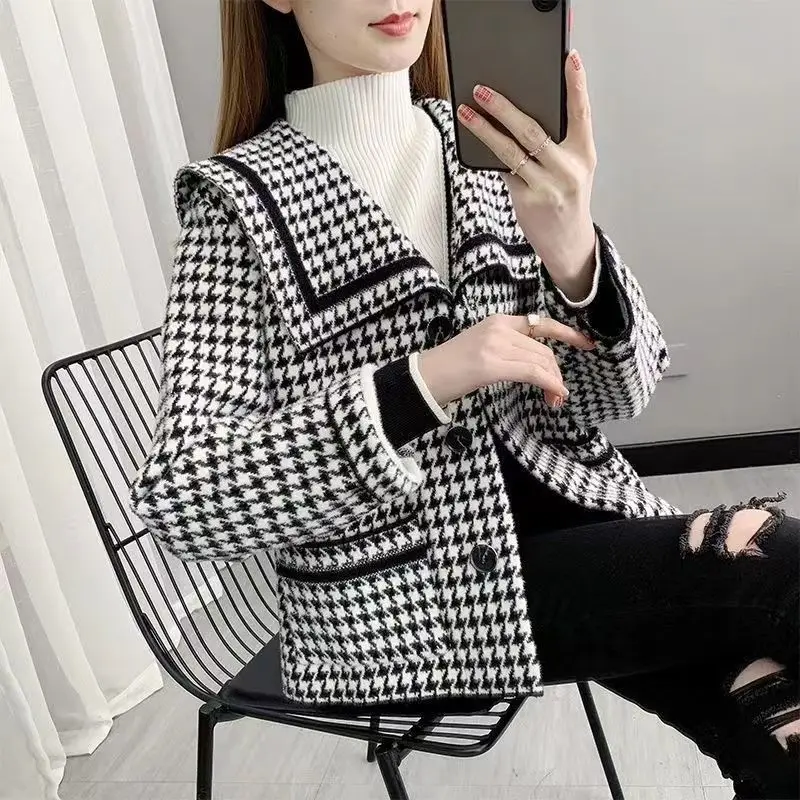 

Autumn and Winter New Cashmere Sweater Women's Sailor Collar Long Sleeve Cardigan Coat Sweater Knitted Pure Wool Sweater T389