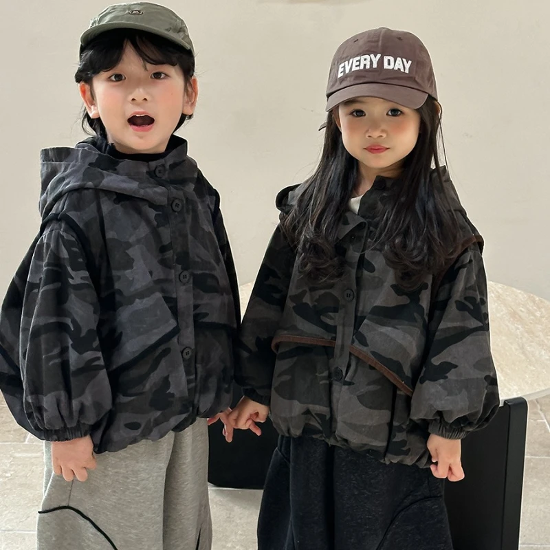 Kids Camouflage Hooded Jacket Autumn Boys Girls Loose Windbreaker Coat Children Casual Outerwear for Toddler Outdoor Daily