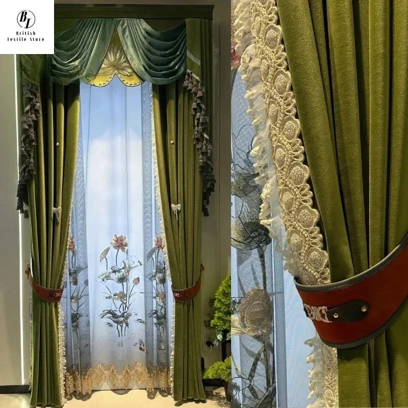 

Custom size！！European Embroidery Window Dark Green Velvet Lace Stitching Blackout Curtains for Living dining room bedroom Decor